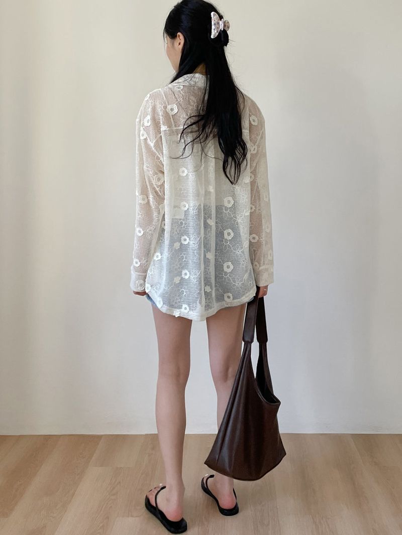 Flower Net Collar Neck Shirt