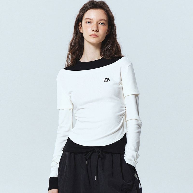 NICOLE SHRRING LAYERED SLEEVE TOP_WHITE CHARCOAL