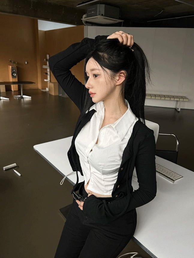 Crop Shirt Layered Cardigan SET