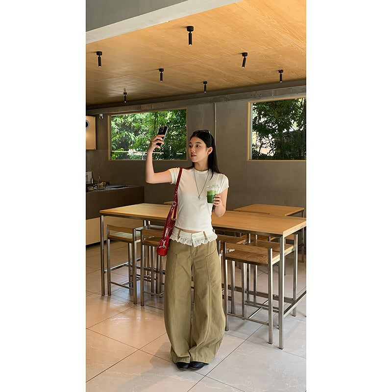 Lace Beige Round Wide Cotton Pants