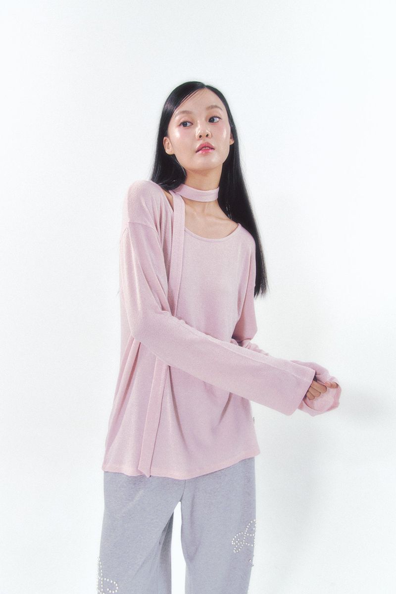 Knit Tie Long Sleeve Set Pink