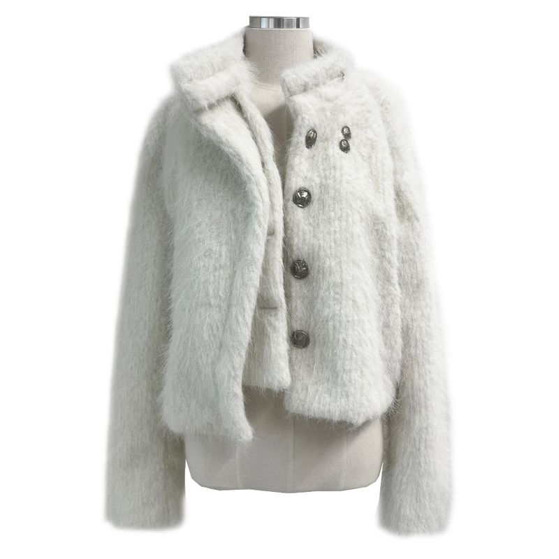 Classic Metal Wave Double Button High Neck Fur Coat (White)