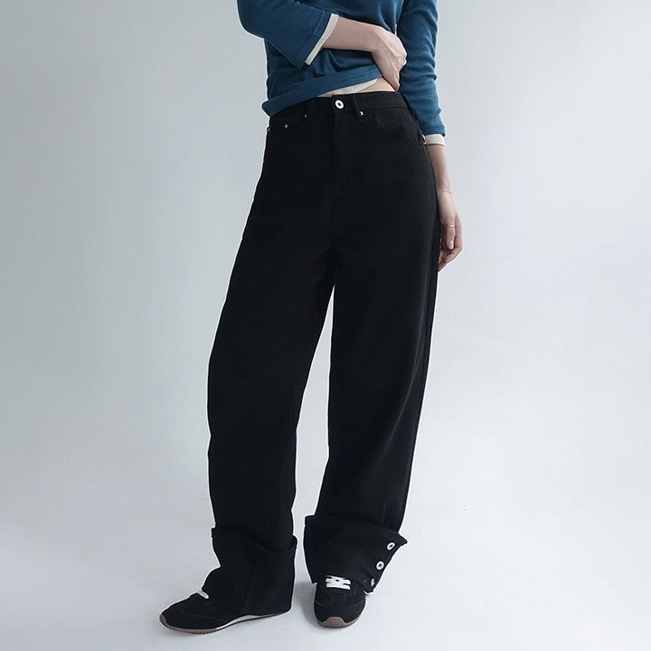 [Pied] Button Roll-Up Semi-Wide Cotton Pants - 2 color