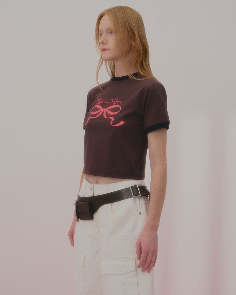 LOVE RIBBON RINGER TSHIRT-BROWN