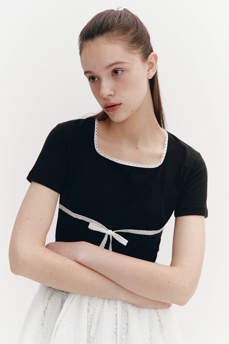 Lace Ribbon Shirring Top Black