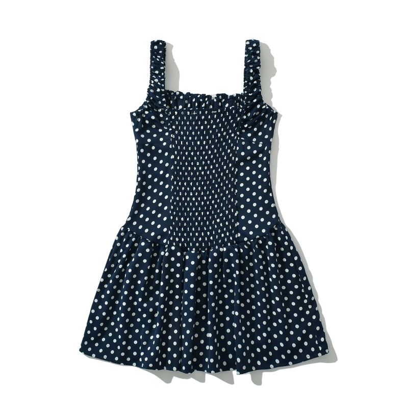 Navy Dotted Square Neck Flared Dress