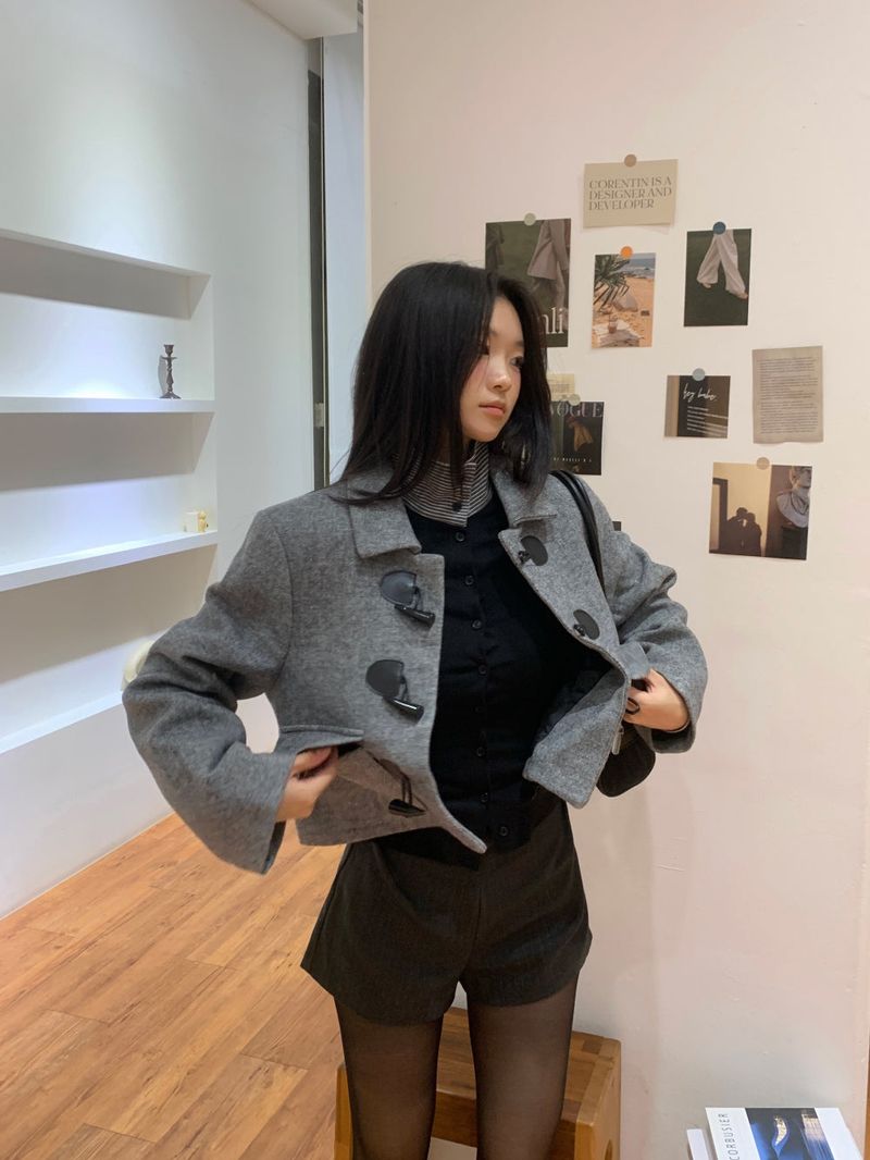 British Gray Duffel Button Quilted Crop Coat