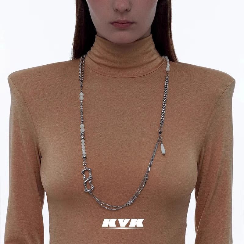 KVK X Potential Natural White Jade Shell Basic Long Necklace