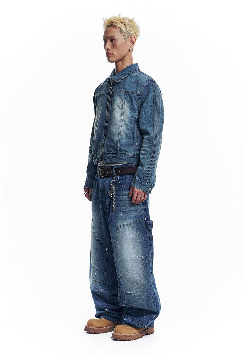 Washed Crop Track Denim Jacket - Deep Blue