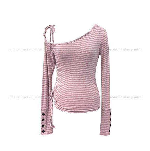 Delitte Stripe Unbalanced Shoulder Long Sleeve