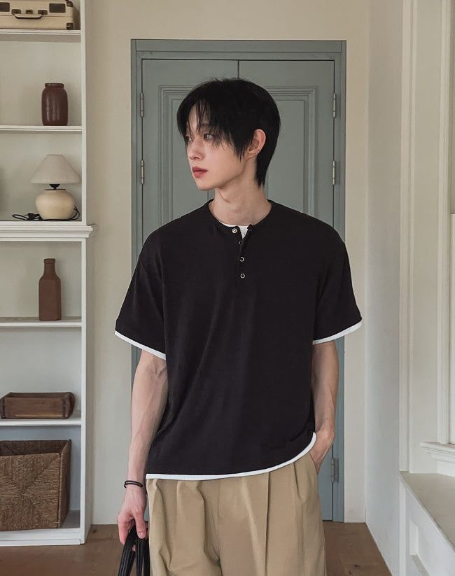 2PLAN（ツープラン）の「ハーネル レイヤード リブド ヘンリー ネック ショート スリーブ Tシャツ（トップス）」