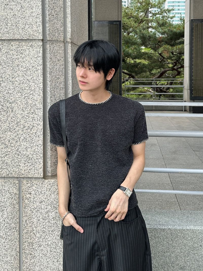 WHAT A LOOK（ワット ア ルック）の「Kir Stitch Semi-Muscle Fit Knit Short Sleeve Tee（Tops）」