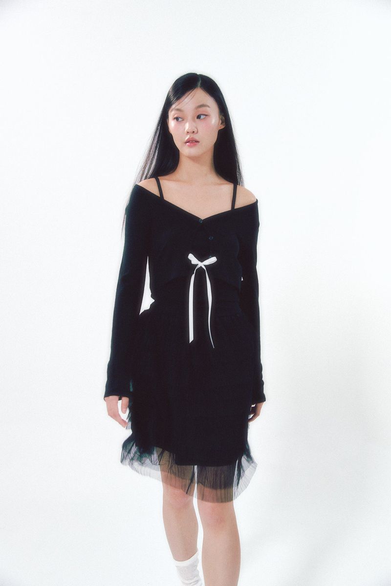 Knit Ribbon Shirring Top Set Black