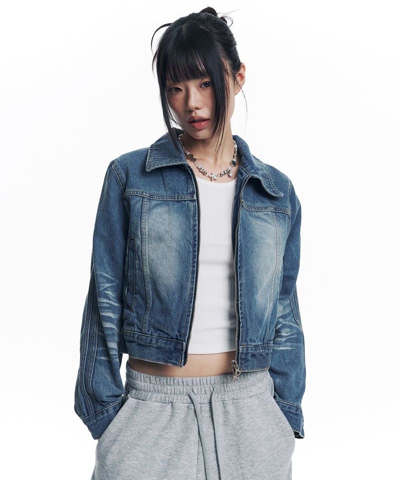 Washed Crop Track Denim Jacket - Deep Blue
