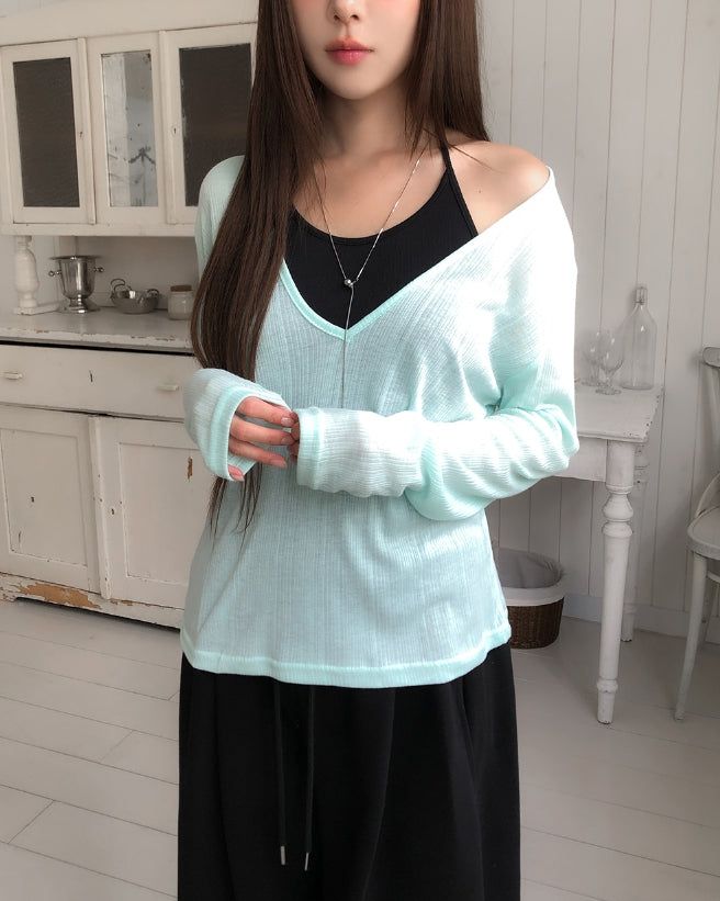 Melting See-through Deep V-Neck Ribbed Long Sleeve