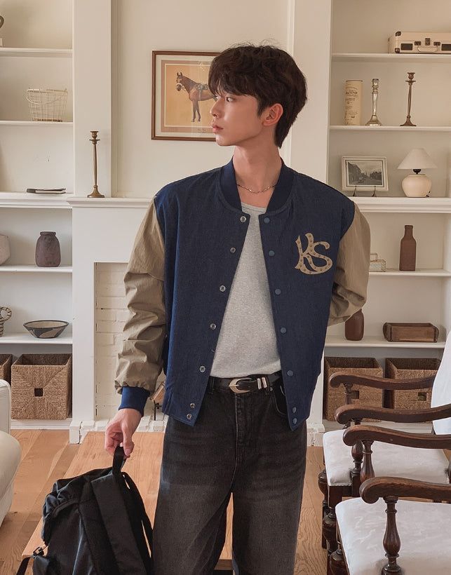 Barent Denim Color Matching Varsity Jacket