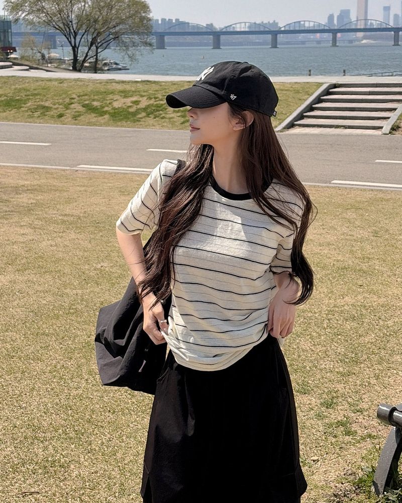 MAYBINS（メイビンス）の「Mect stripe short‑sleeve T‑shirt（Tops）」