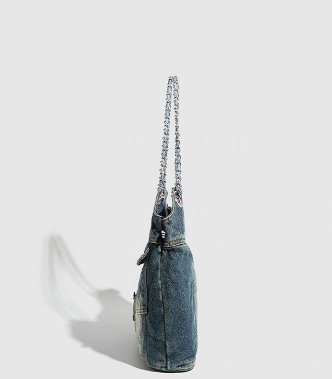 denim pocket chain cross shoulder bag