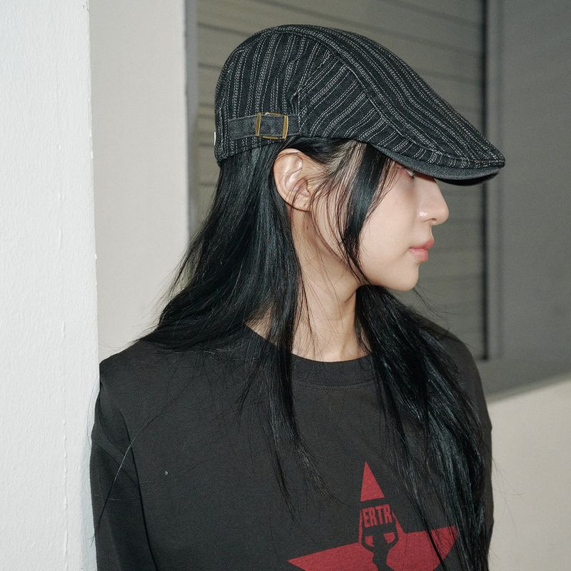 ALLINCOMPLETE（オールインコンプリート）の「Stitch Stripe Hunting Cap (Black Denim)（Hats）」