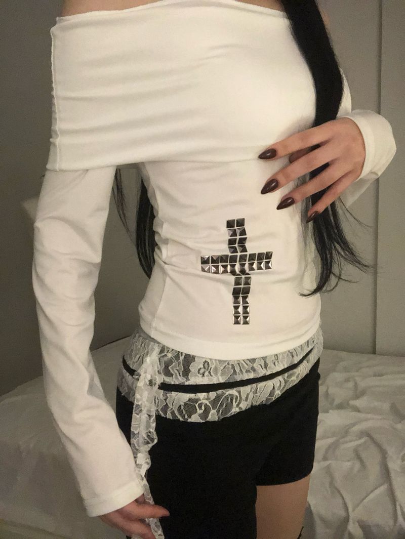Crystal Stud Cross Off-Shoulder T