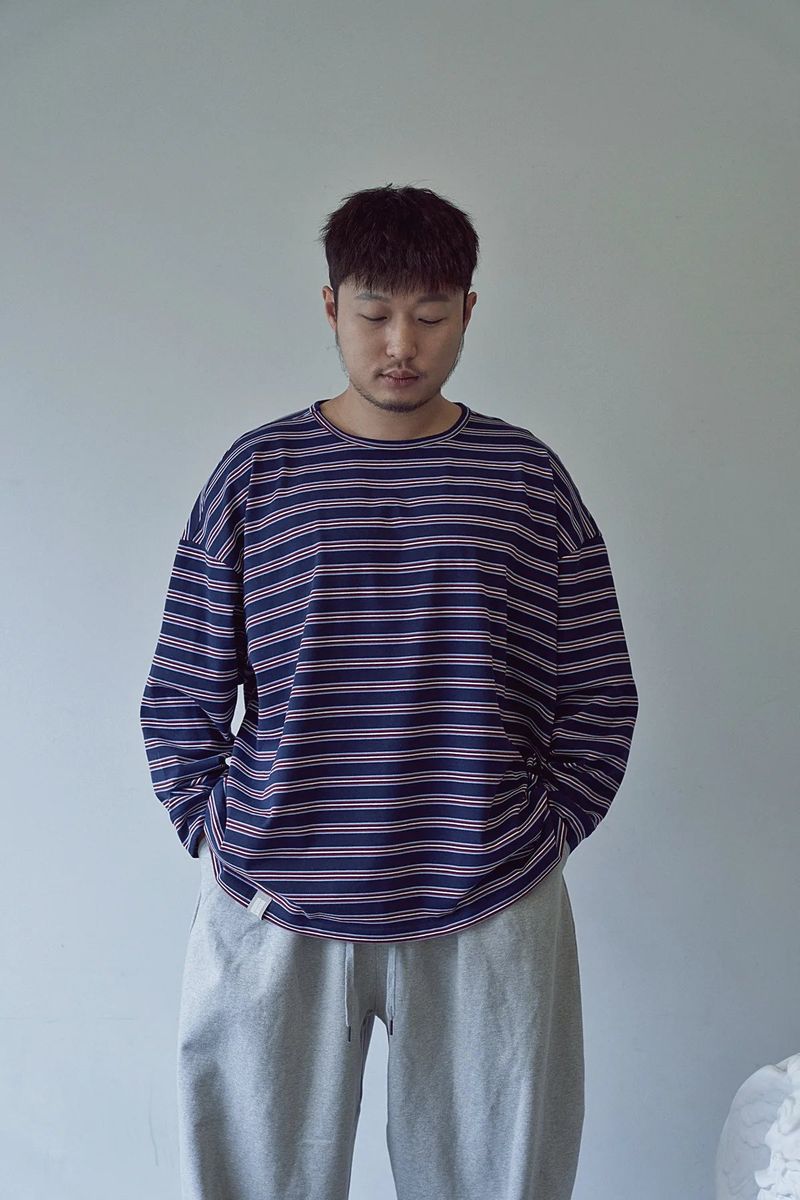 STRIPE BINDING-NECK BOX TEE (Dark Navy)