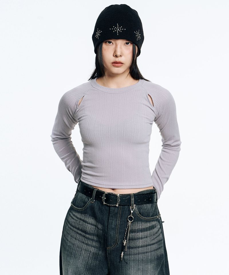 EASY NO EASY（イージーノーイージー）の「Ribbed Crop Long Sleeve - Grey（Tops）」
