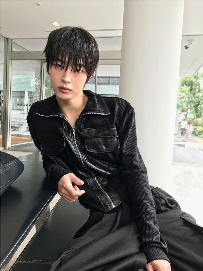 Black Leather Knit Zip-Up