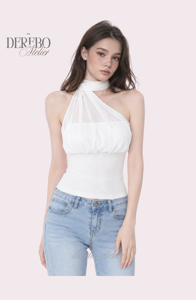 one-shoulder mint chiffon sleeveless top