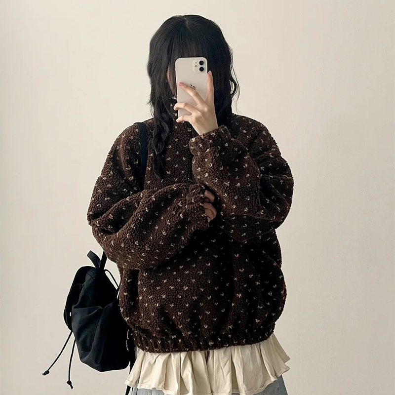 Marie Heart Dot Pattern Fleece High Neck Half Zip Up