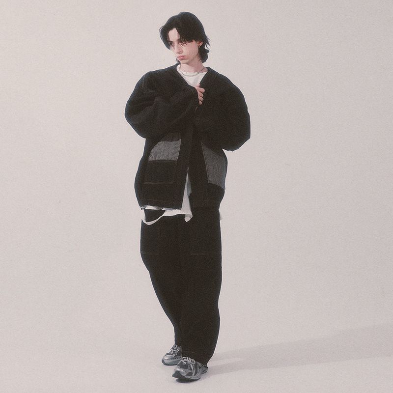 stripe patch denim cardigan_black
