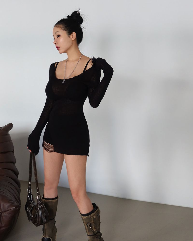 damage net see-through long knitwear
