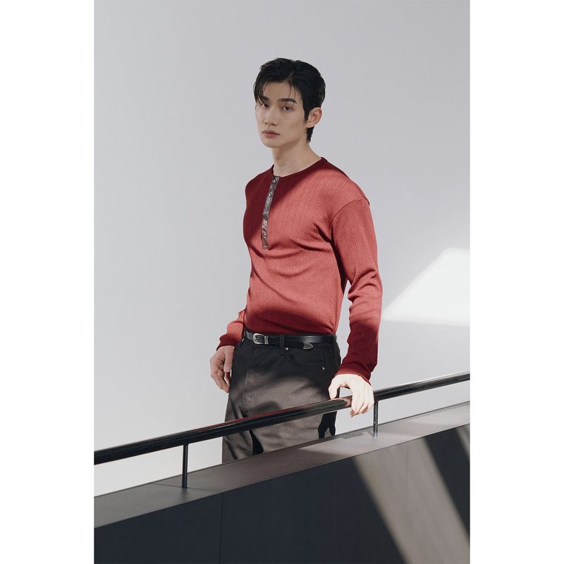 Leather ribbed henry neck long sleeves(Burgundy)