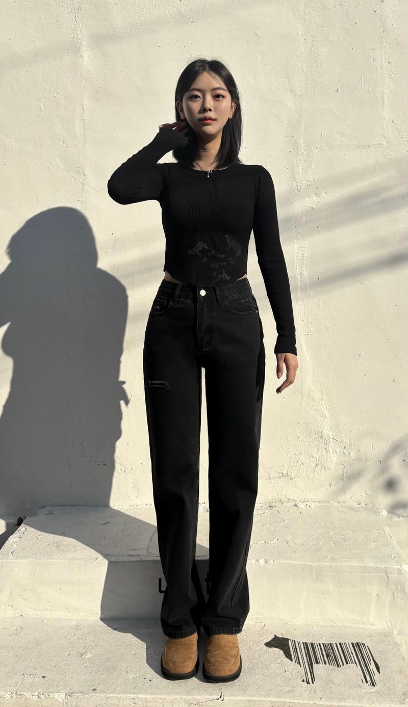 RIBBON SEMI-WIDE BLACK DENIM PANTS code 18318