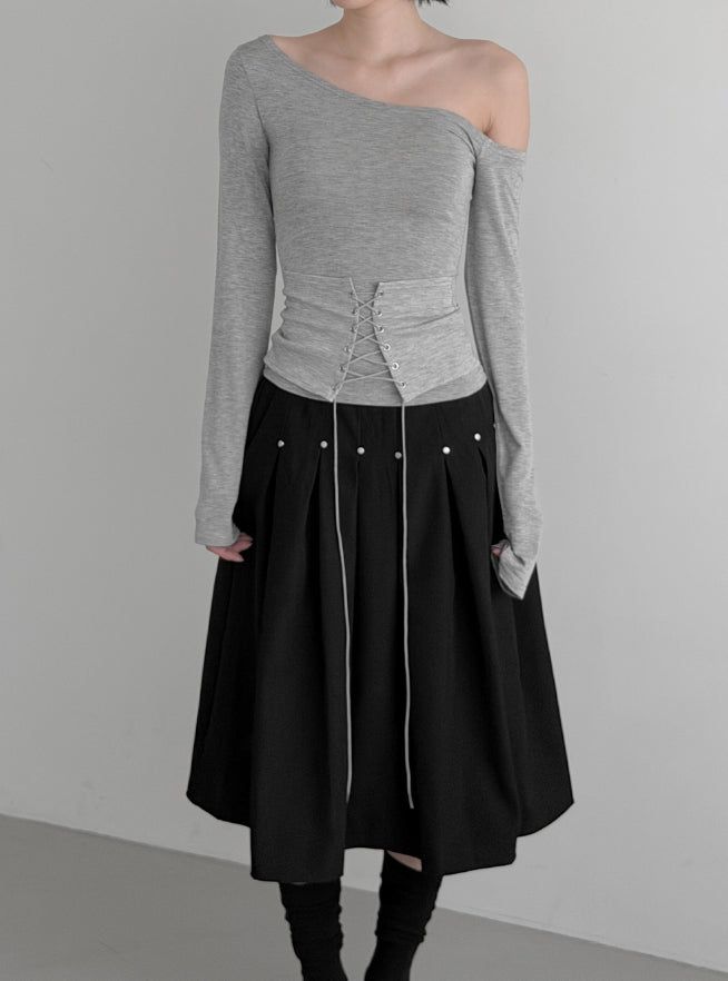 Er Rivet Pintuck Midi Skirt