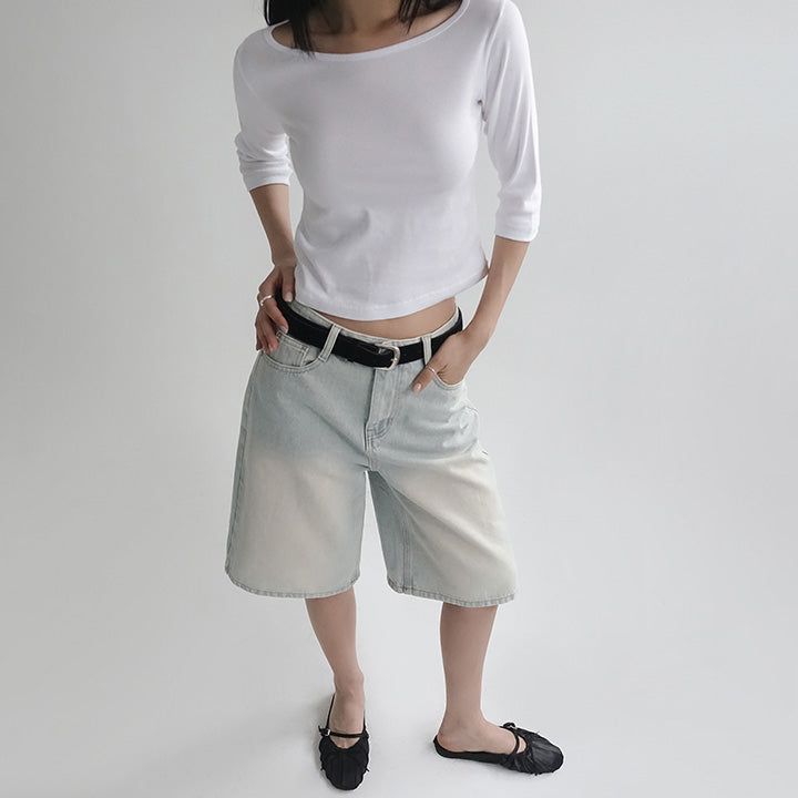  [Riabu] boat Neck Three-quarter sleeve cropped T-shirt - 4 color