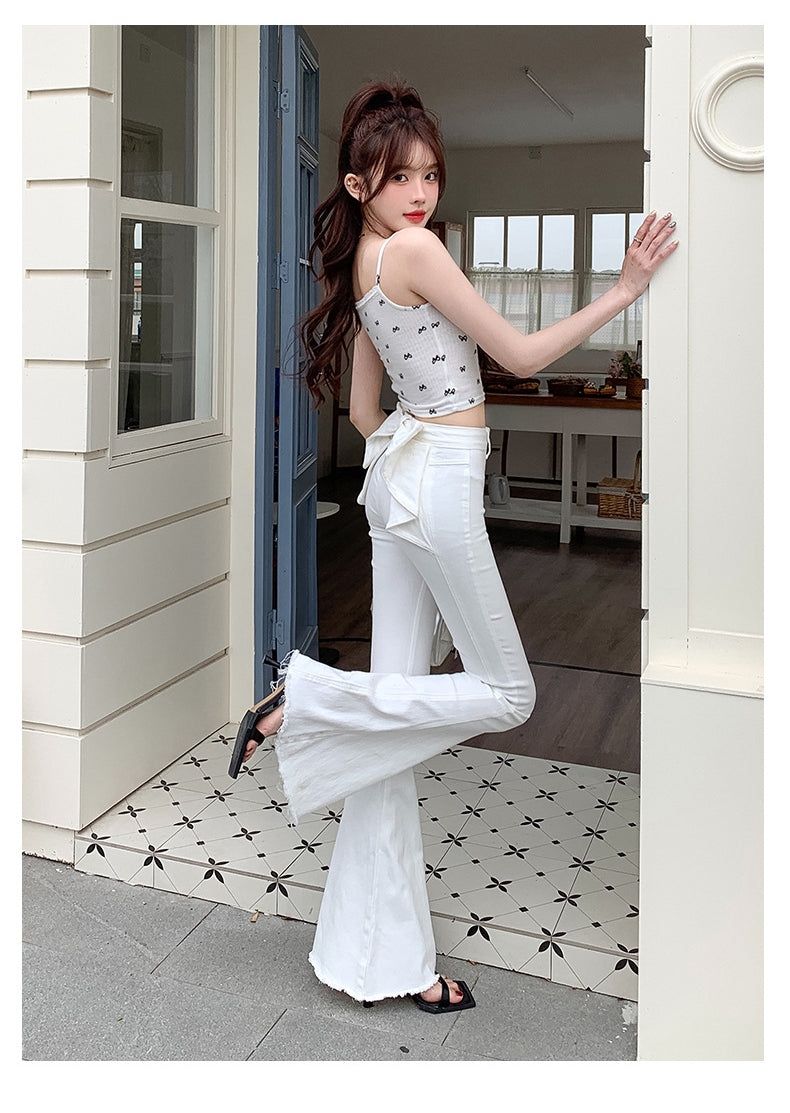 Ribbon Detail Denim Flare Pants