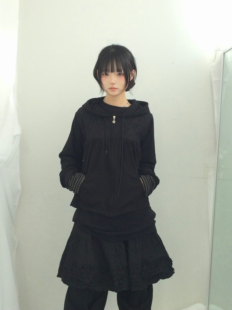 Flower Lace Half-Shirring Hooded Zip-Up