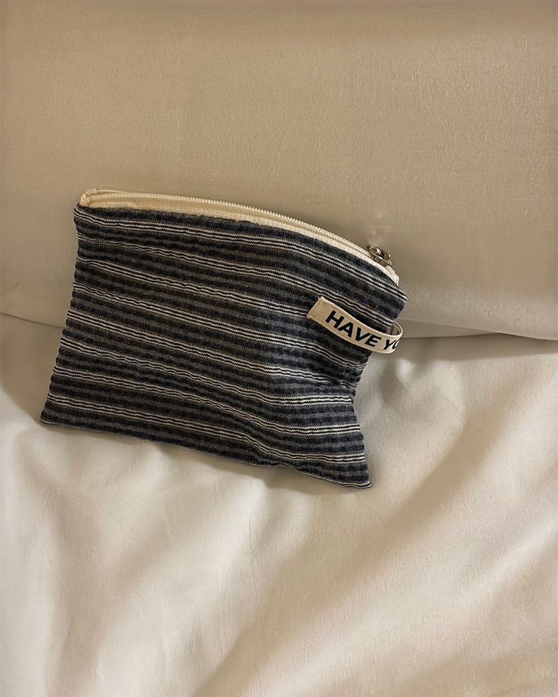 Plain stripe flat pouch - deep blue , S size