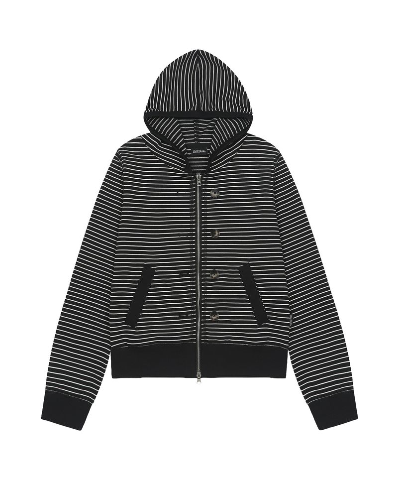 Button Point Stripe Hoodie Zip-up - BLACK