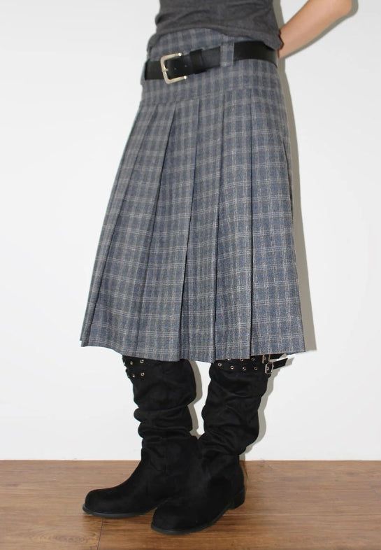 (WOOL) CHECK PLEATS MIDI SKIRT