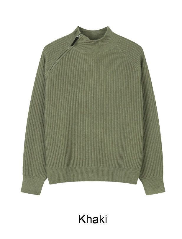 Rubed diagonal zip-up knit