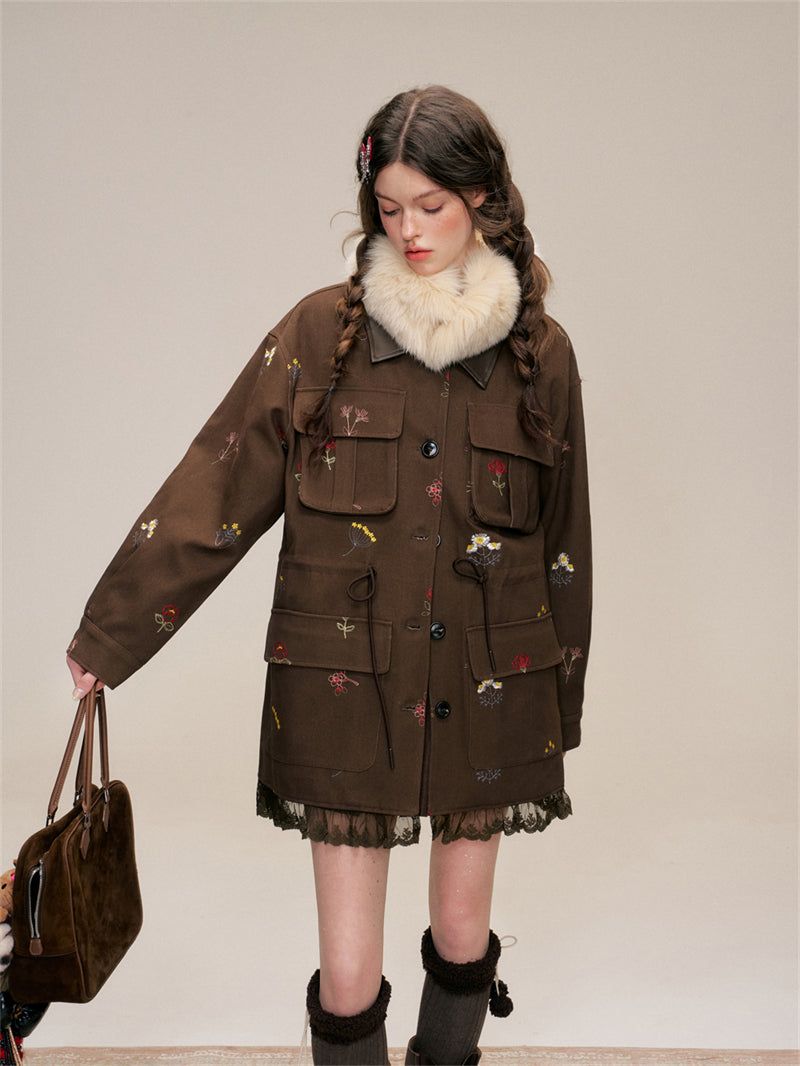 Floral Embroidery Cotton Cargo Jacket