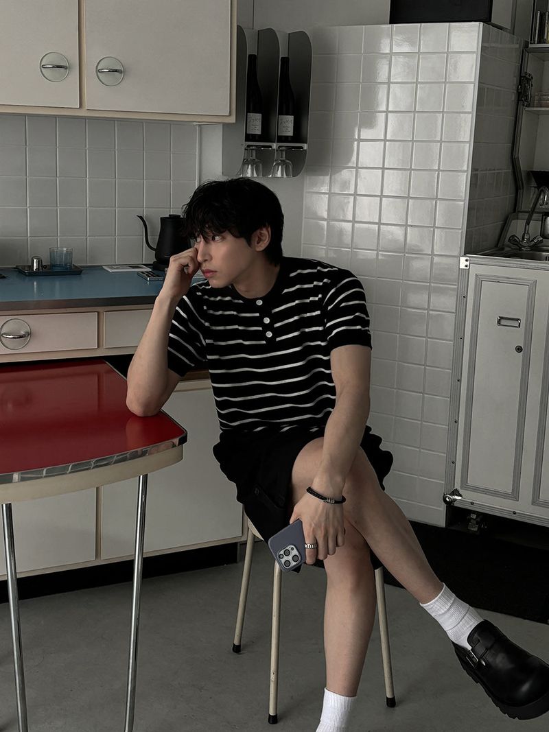 ASCLO(エジュクロ)の「ASCLO Border Henry Neck Short Sleeve Knit (4color)(Tops)」