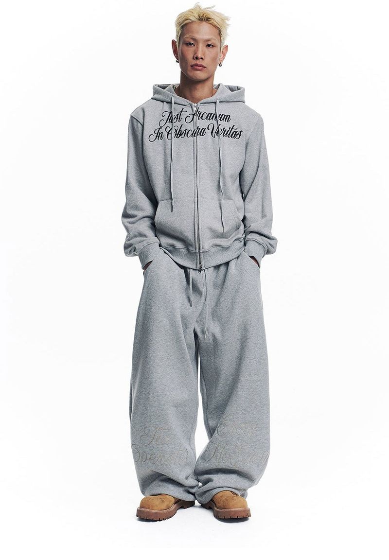 Lettering Embroidered Hoodie Zip-Up - Gray