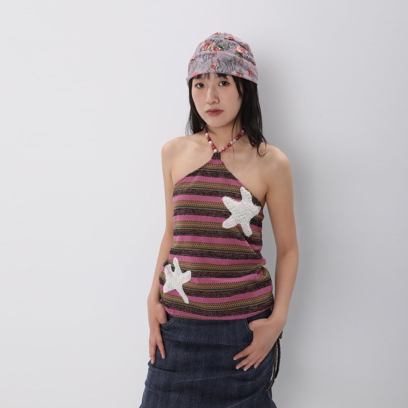 CONFUN（コンファン）の「CONFUN 25SS original patch texture striped beaded halter strap（Tops）」