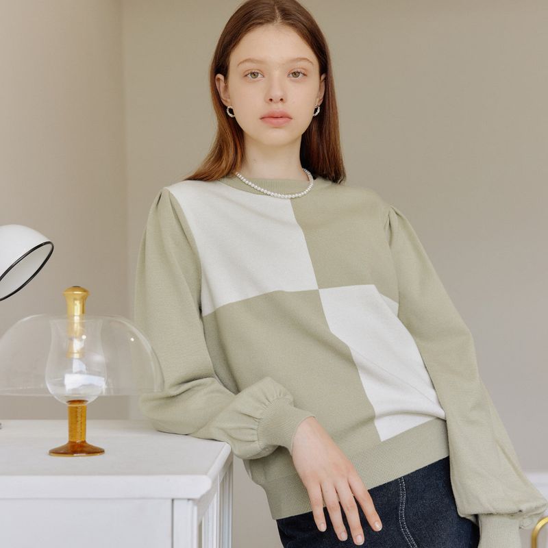 パフチェックニット / PUFF CHECK KNIT_OLIVE
