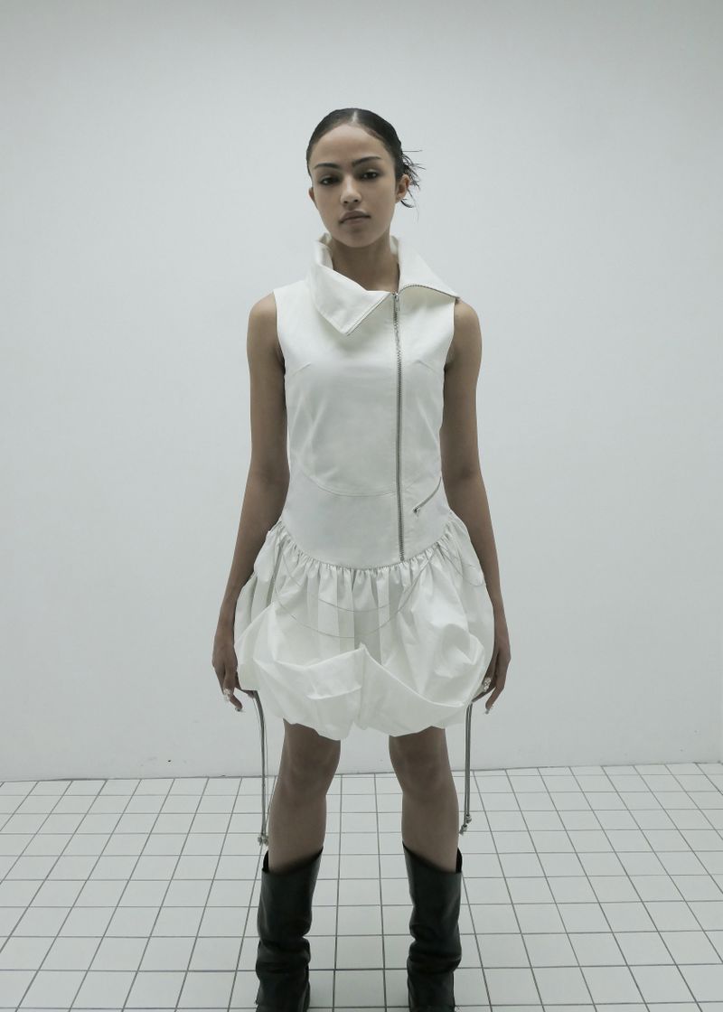 HIGHNECK UNBALANCED DRESS, WHITE