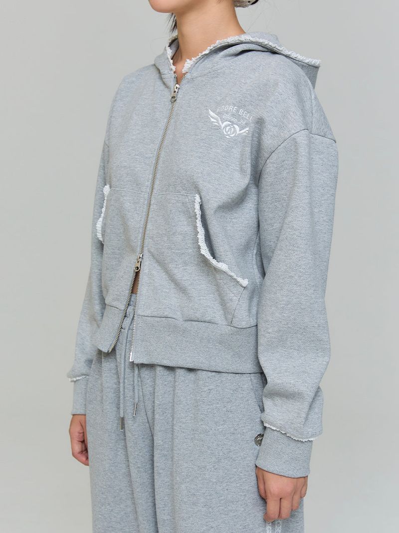 LACE APPLIQUE HOOD ZIP-UP - GRAY