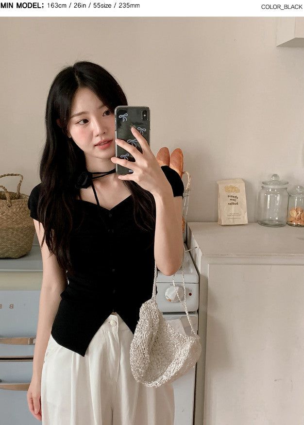 #Rose Off Shoulder Slit Short Sleeve Knit (3color)
