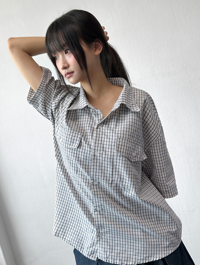Cake Check Button Collar Short Sleeve Shirt 2 COLORS